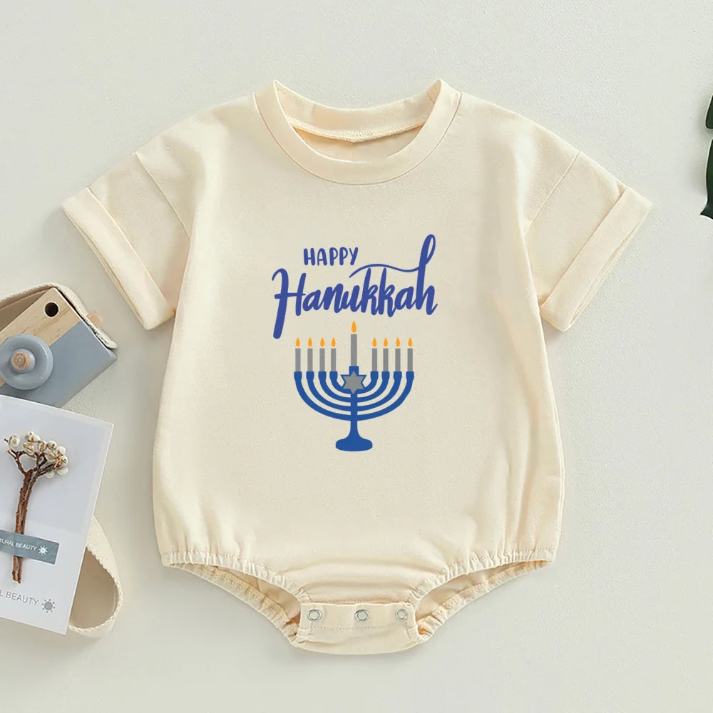Happy Hanukkah Baby Bubble Romper Jewish  Oversized T-Shirt Romper Shirts Chanukah Boys Girls Clothes Hanukkah Infant Jumpsuit