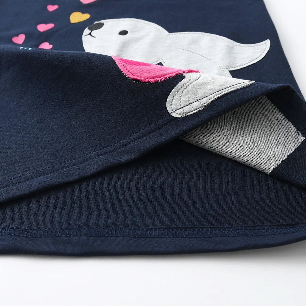 VIKITA Kids Autumn Winter Thick Hoodies Dress for Girl Rabbit Rainbow Appliqued Straight Dresses Kids Heart Design Cotton Dress