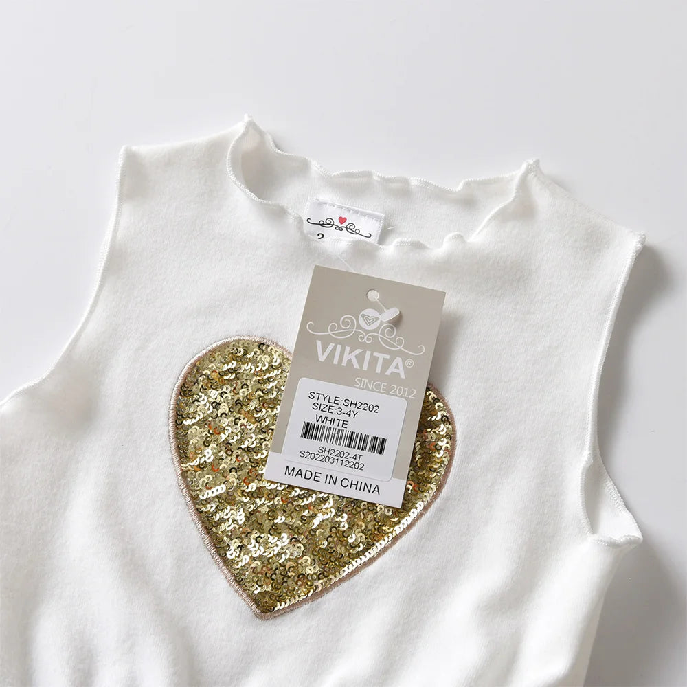 VIKITA Girl Heart Shape Design Sequined Appliqued Dress Kids Sleeveless Summer Dress Infantil Vestidos Kids Casual Daily Dresses