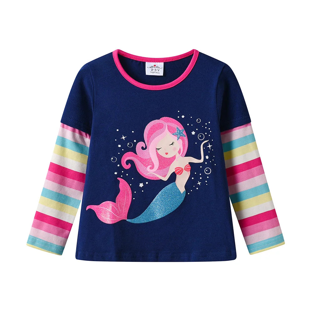VIKITA Girls Long Sleeve Cotton Casual Tops and Tees Toddlers Mermaid Cartoon Print Navy Blue Spring Autumn Daily Cute Clothes