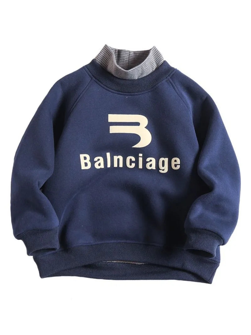 Boys' Big Kids Winter 2025 New Fake Two-Piece Fleece-Lined Mid-Collar Thickened Stylish Base Layer Sweatshirt Tops