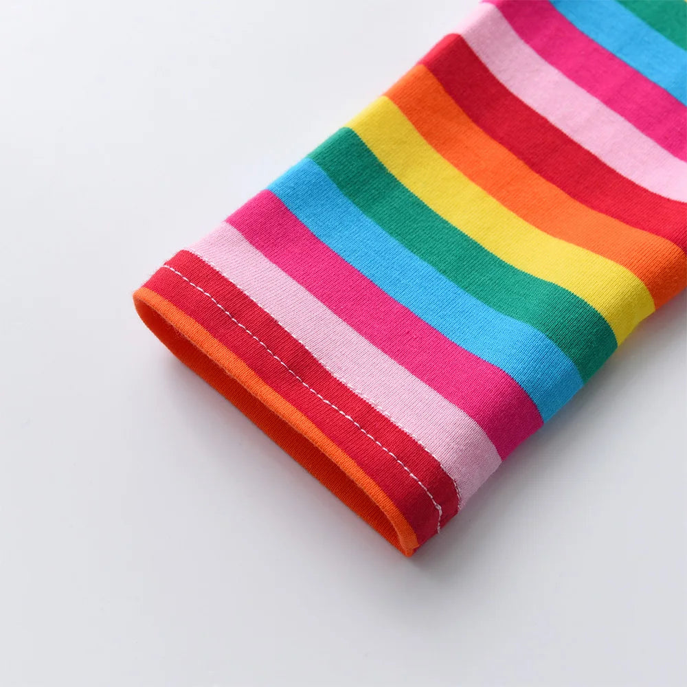 VIKITA Girls Flower Print Dress Kids Autumn Spring Long Dress with Pockets Girls Rainbow Striped Cotton Casaul Straight Dresses