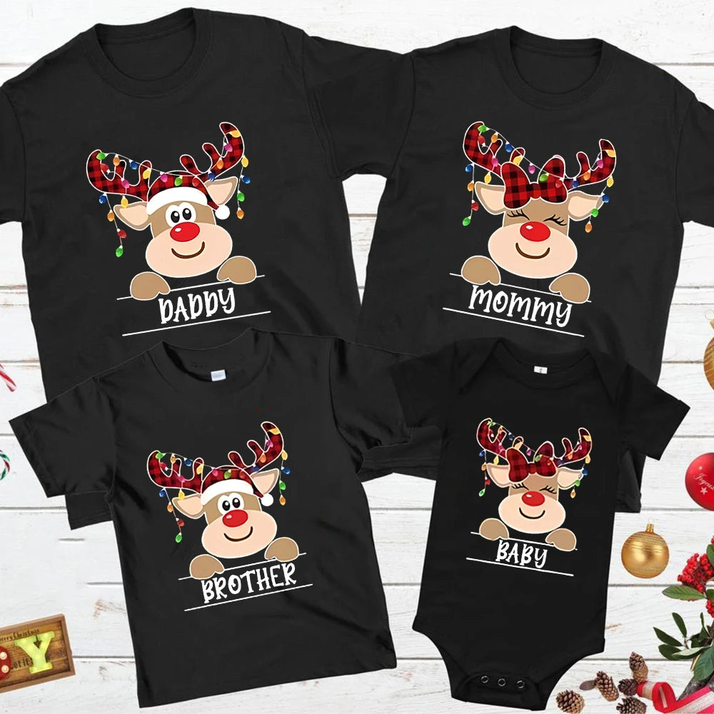2026 Christmas Shirt Family T-shirt Elk Name Printed Women's T-shirt Men's Clothing Children's Clothing Baby jump