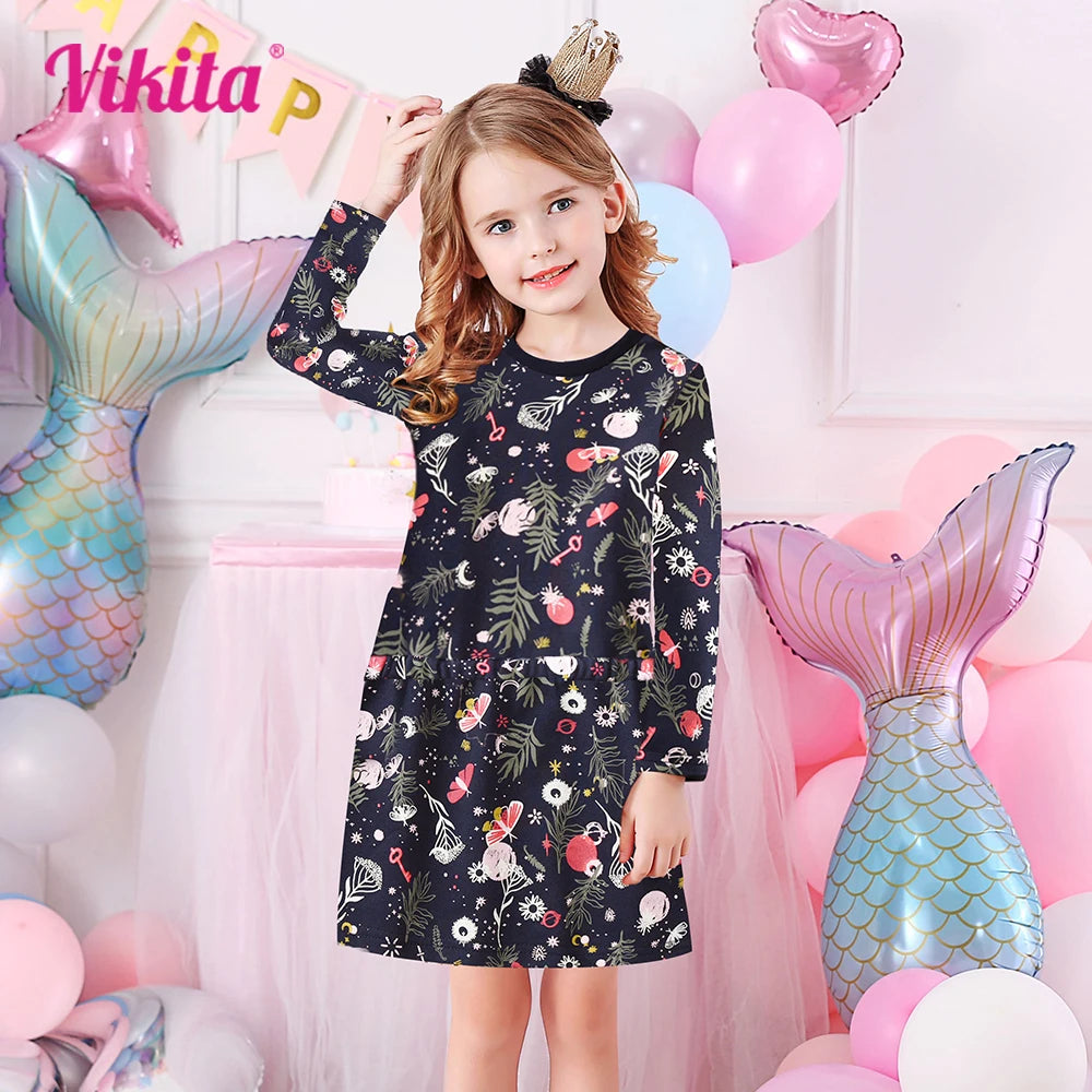 VIKITA Kids Floral Print Dress Girls Long Sleeve Autumn Spring A Line Dresses Girl Cotton Casual School Daily Dress Kids Clothes