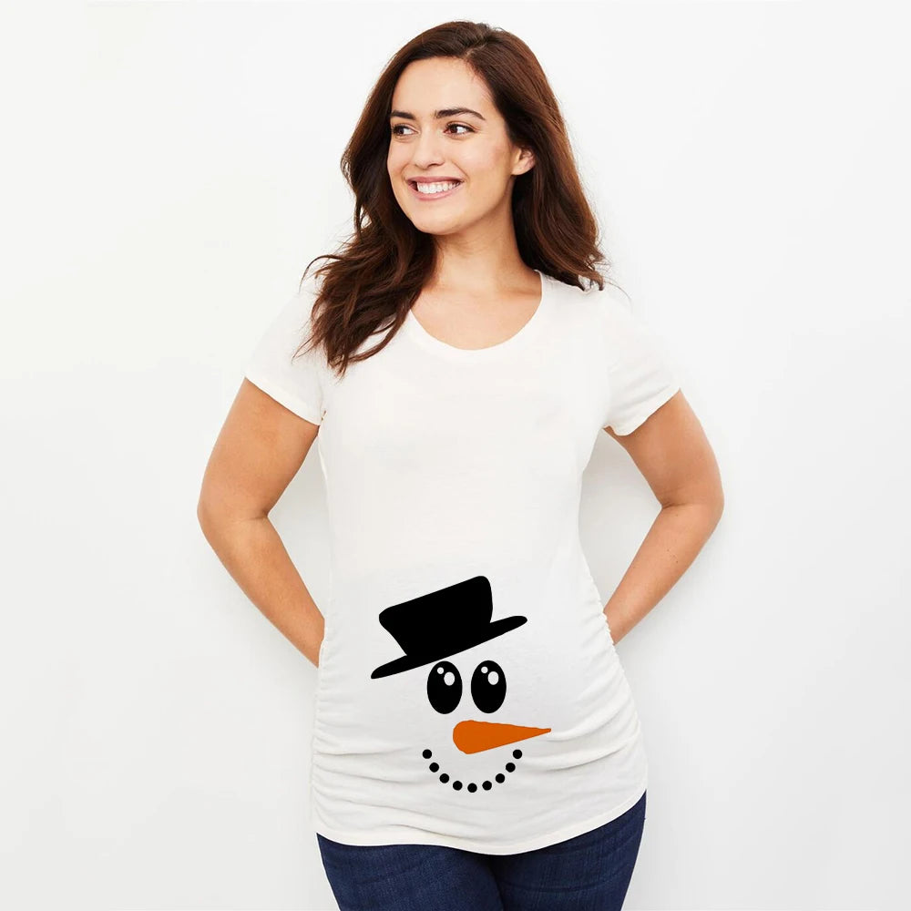 Christmas Pregnant Women T-shirt Snowman Cartoon Printed T Shirt Pregnancy Announcement Clothes Maternity White Short Sleeve Top