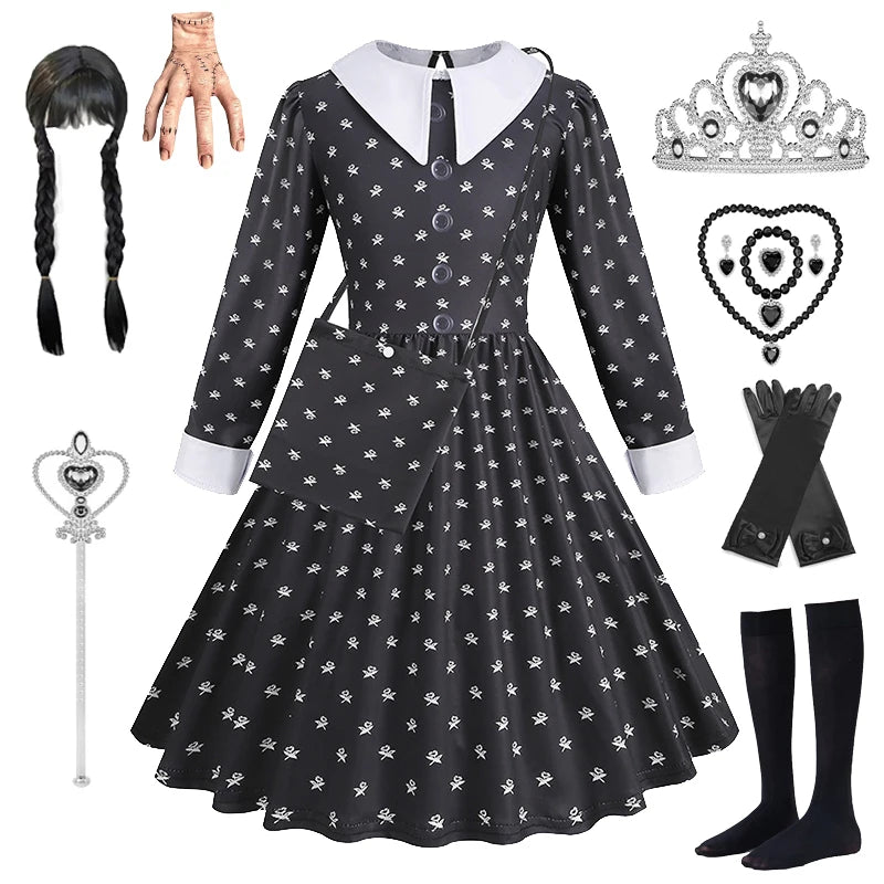 Girls Wednesday Black Gown Vestidos Halloween Addams Cosplay Toddler Youth Gothic Party Dress Kids Carnival Party Kid Vestidos