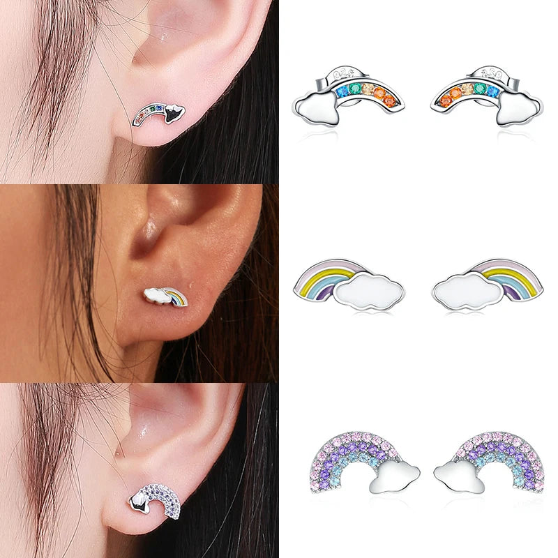 Bamoer 925 Sterling Silver Luxury Girl Earrings Rainbow Butterfy Cute Fancy Funny Ear Stud Original for Women Party Fine Jewelry