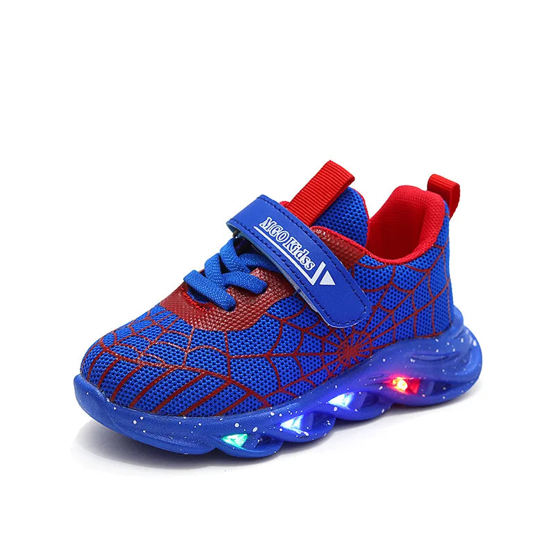 Disney LED Casual Sneakers Spider-Man Red Black For Spring Boys Mesh Outdoor Shoes Children Lighted Non-slip Shoes Size 21-30