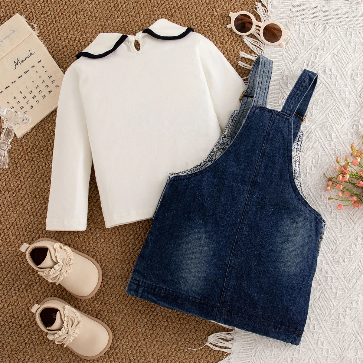 Spring And Autumn New Baby Girl Two Piece Set, White Long Sleeve Top+Beef Strap Skirt Children'S Clothing (9 Months -4 Years)