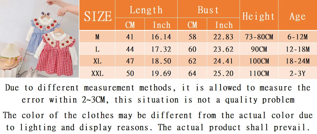 Autumn New Cute Strawberry Collar Baby Girl Dress, Plaid Long Sleeved Children'S Clothing For Babies Aged 6 Months To 3 Years