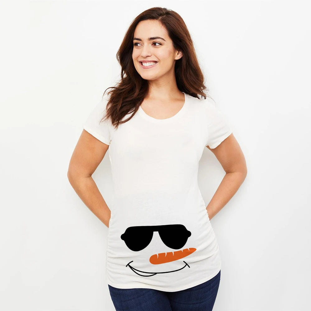 Christmas Pregnant Women T-shirt Snowman Cartoon Printed T Shirt Pregnancy Announcement Clothes Maternity White Short Sleeve Top