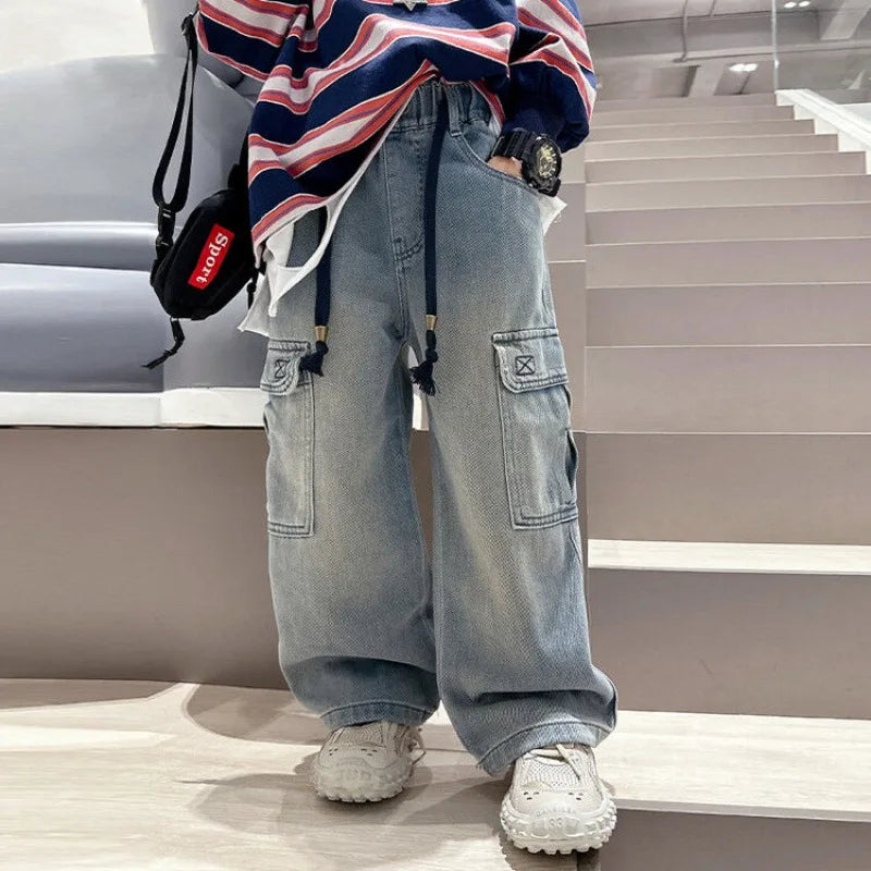 2025 Spring Autumn New Boys Loose Straight Jeans Lightweight Casual Pants for Tween Boys - Premium Denim Straight Leg Long Pants
