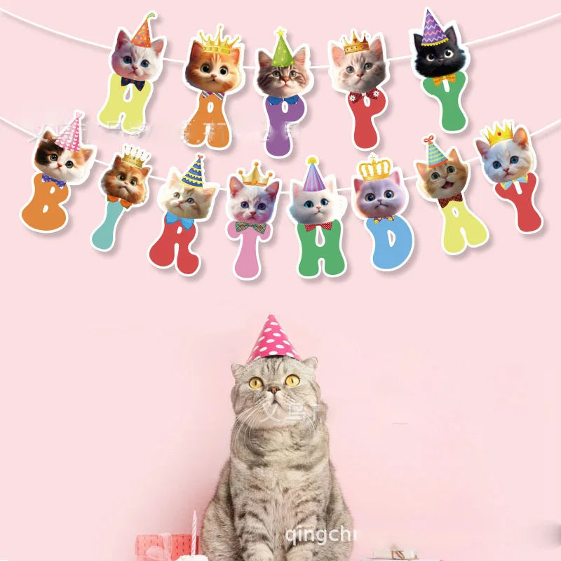Cat Face Hanging Swirl Decorations Banner Party Supplies Pet Meow Happy Birthday Theme Decor Paper Funny Favor for First 1stBday