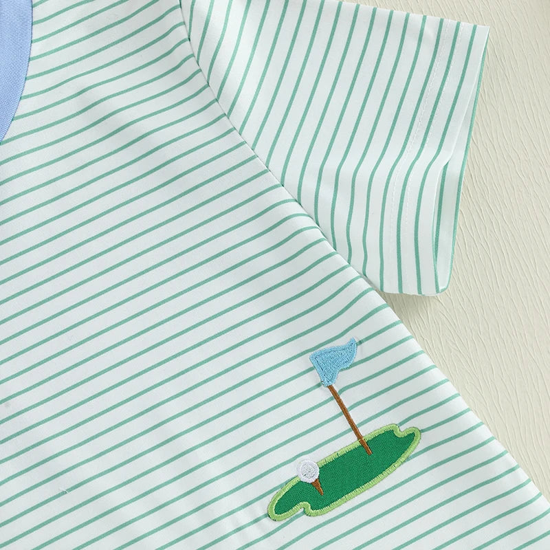 Boys Summer Golf Theme Embroidered T-Shirt and Elastic Waist Shorts Set with Round Neck and Short Sleeves 2-Piece Outfit
