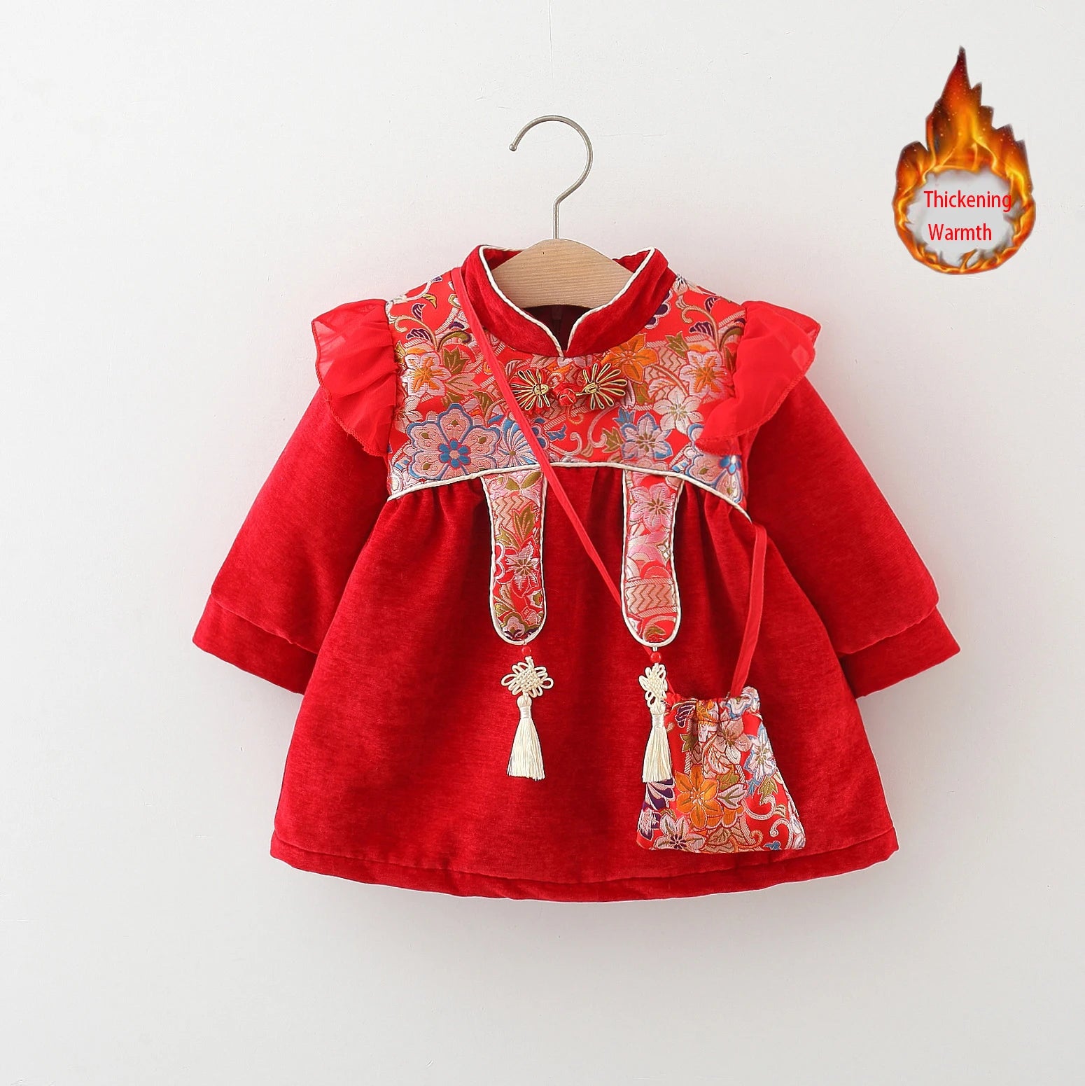 New Winter Embroidered Baby Girl Dress, Retro Style Children'S Clothing For Spring Festival Parties+Red Envelope Bag Giveaway