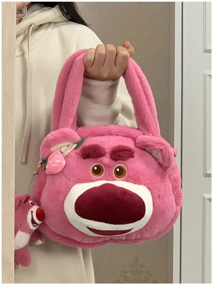 Disney Strawberry Bear New Girl Plush Shoulder Messenger Bag Cartoon Cute Girl Handbag Fashion Trend Plush Girl Bag High Quality