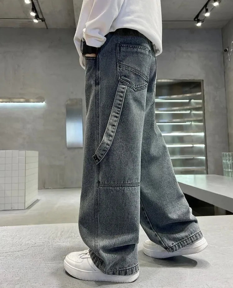 2025 Spring Boys' Wide-Leg Jeans Loose-Fit Trendy Streetwear for Kids Ages 8-14