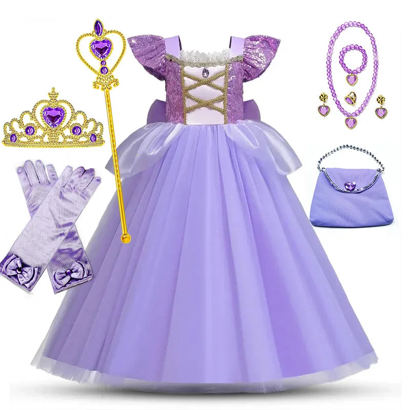 European and American Style Girl Princess Dress Rapunzel Apparel Ball Gown with Bow at Back Children Halloween Tangled Role Play