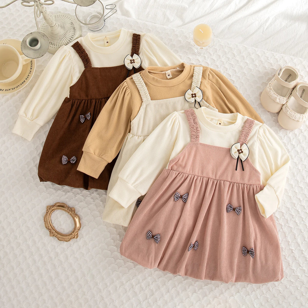 Spring And Autumn New Korean Style Baby Girl Dress, Sweet Bow Children'S Long Sleeved Clothes For Babies Aged 9 Months - 3 Years