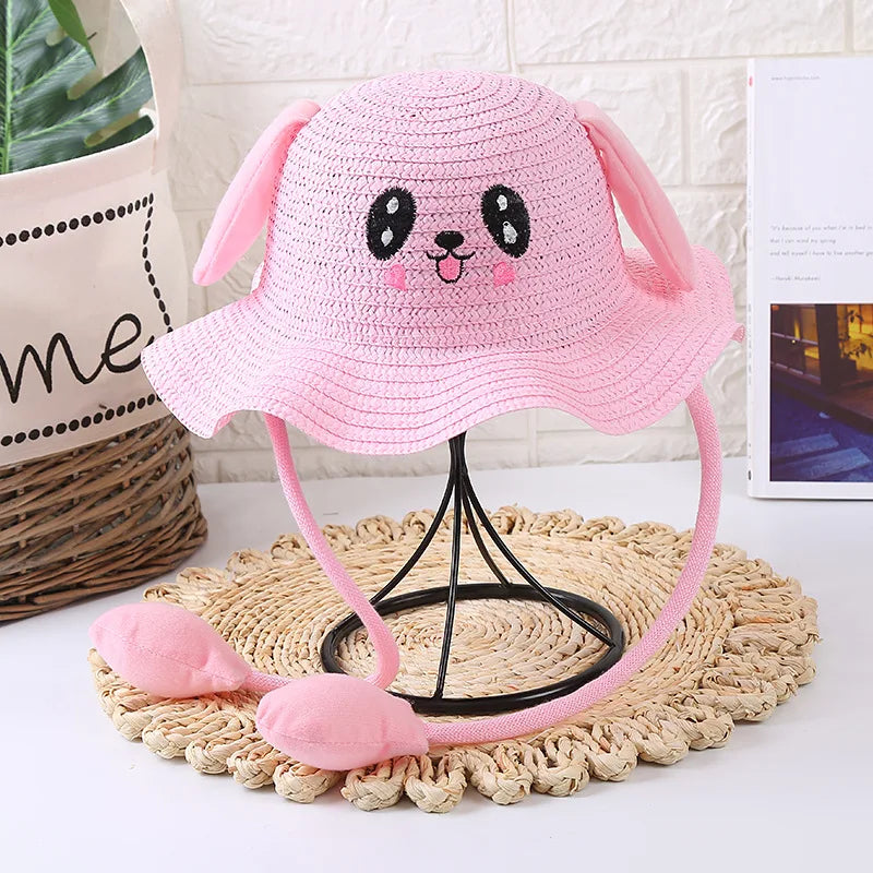 Kids Baby Bunny Hat with Moving Ears Rabbit Straw Hat Jumping Ear Funny Cap Wide Brim Sun Protection Hat Boys Girls Outdoor
