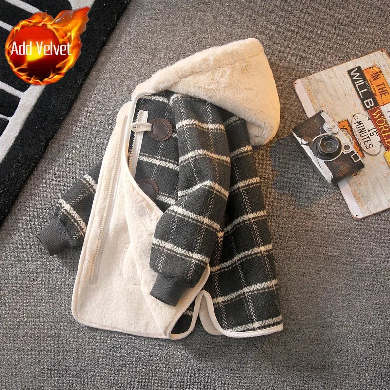 Boys Winter Wool Coat 2025 New Style Kids Thickened Fleece Lined Plaid Wool Jacket Thick Winter Clothing