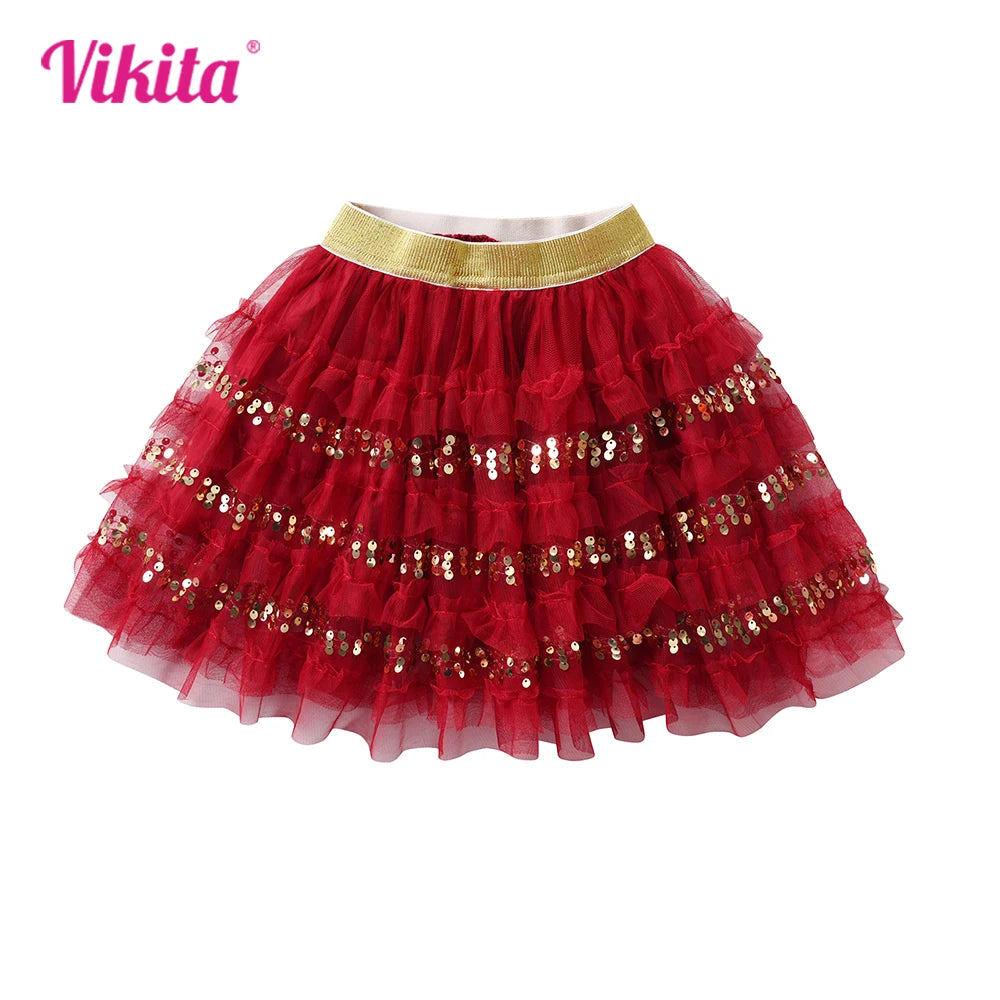 VIKITA Kids New Year Christmas Festival Red Sequined Skirts Girls Layered Mesh Tulle Tutu Cake Princess Mini Skirts Kids Clothes