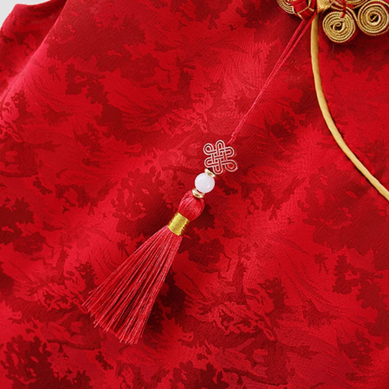 Summer New Chinese Retro Style Baby Girl Dress, Red Spring Festival Party Children'S Clothes Comes With Pendant (0 -3 Years）