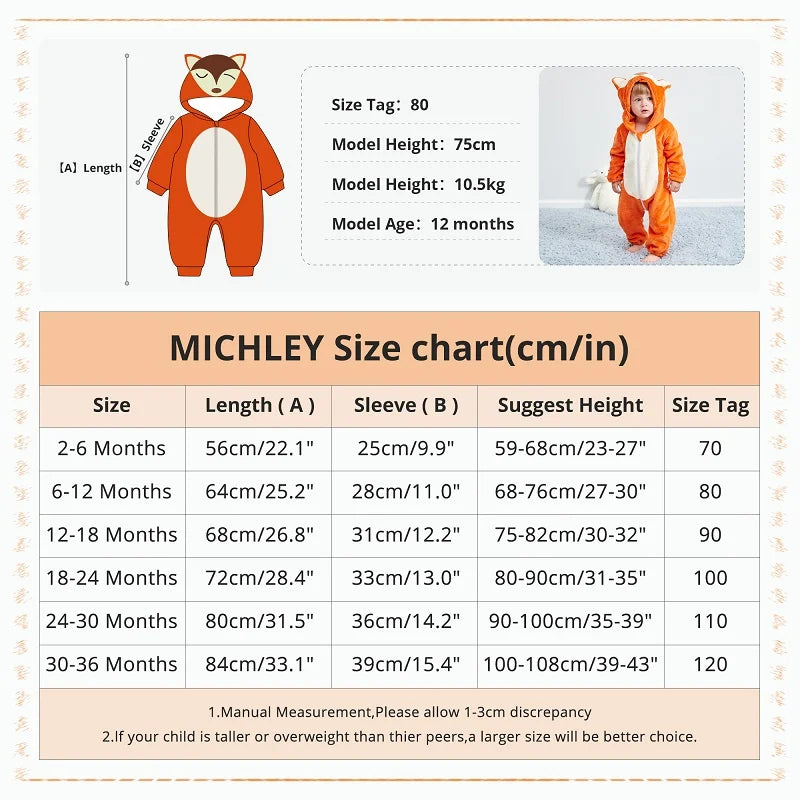 MICHLEY Halloween Costume Infant Baby Clothes Rompers Winter Flannel Hooded Bodysuits Pajamas Animals Overall Jumpsuit For Bebe
