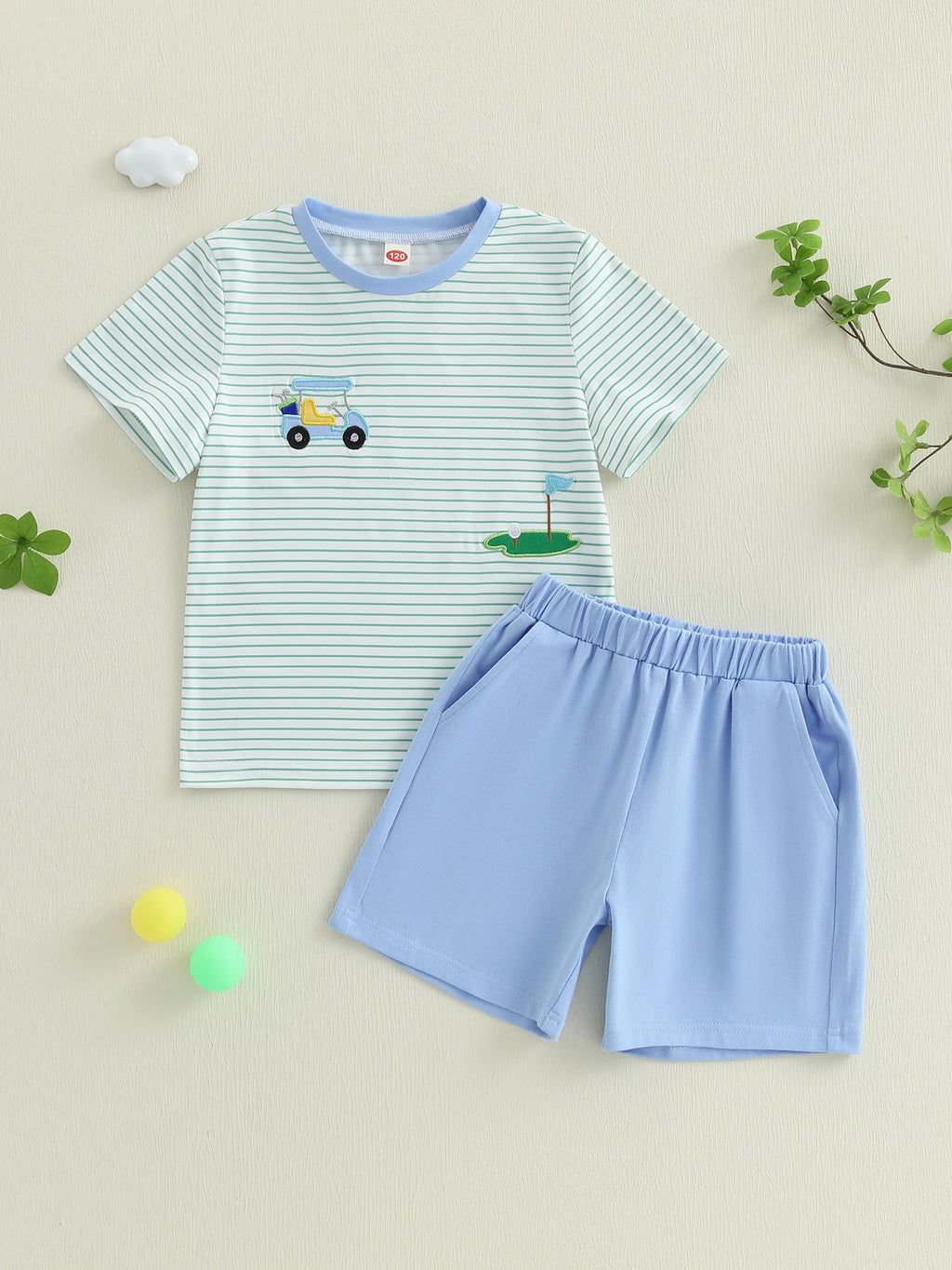 Boys Summer Golf Theme Embroidered T-Shirt and Elastic Waist Shorts Set with Round Neck and Short Sleeves 2-Piece Outfit