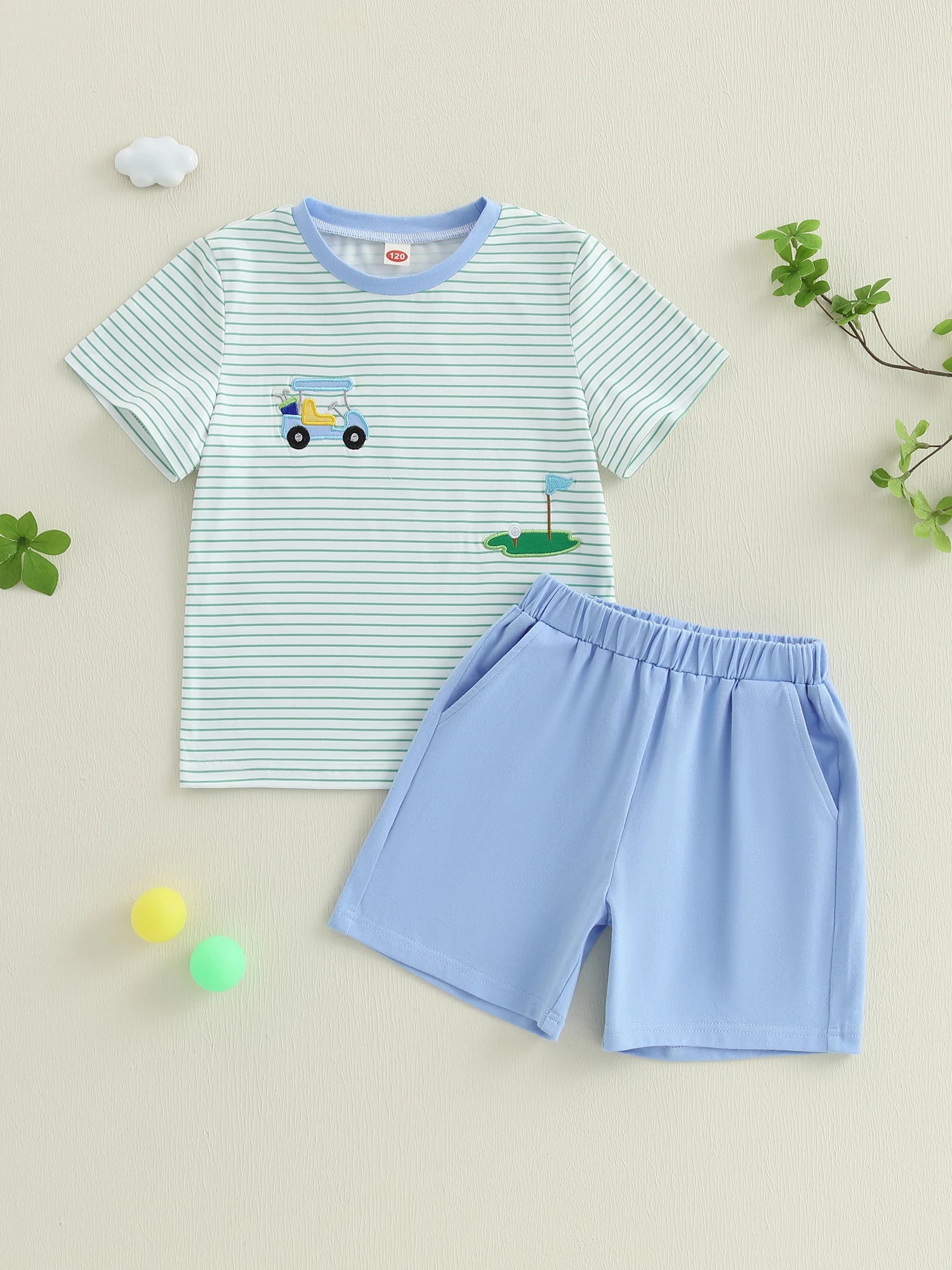 Boys Summer Golf Theme Embroidered T-Shirt and Elastic Waist Shorts Set with Round Neck and Short Sleeves 2-Piece Outfit