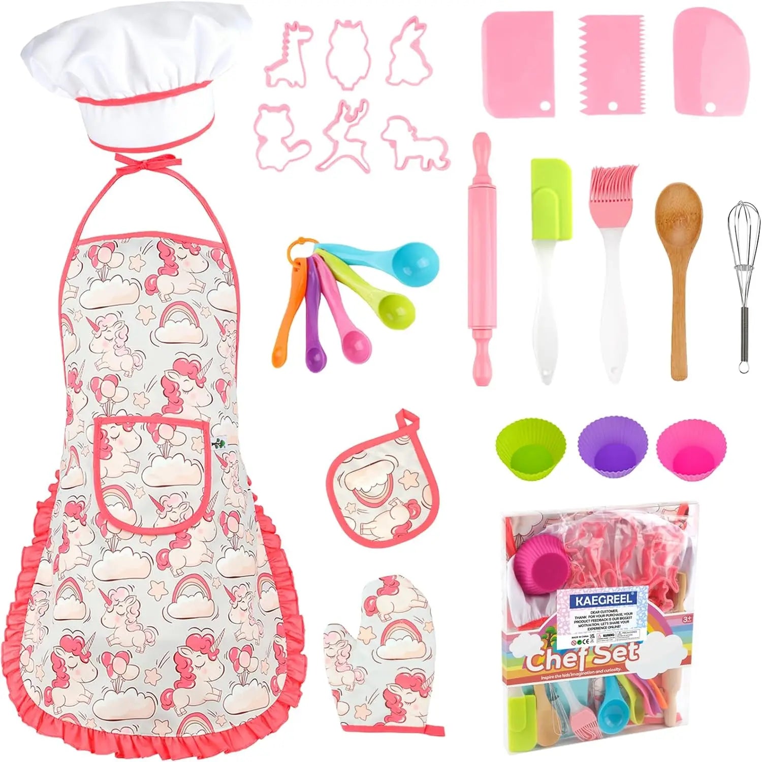 Kids Baking Chef Set with Unicorn Apron & Mitt Kid Cooking Set with Chef Hat Spoons Whisk Dress Up Role Play Gifts for Girls Boy