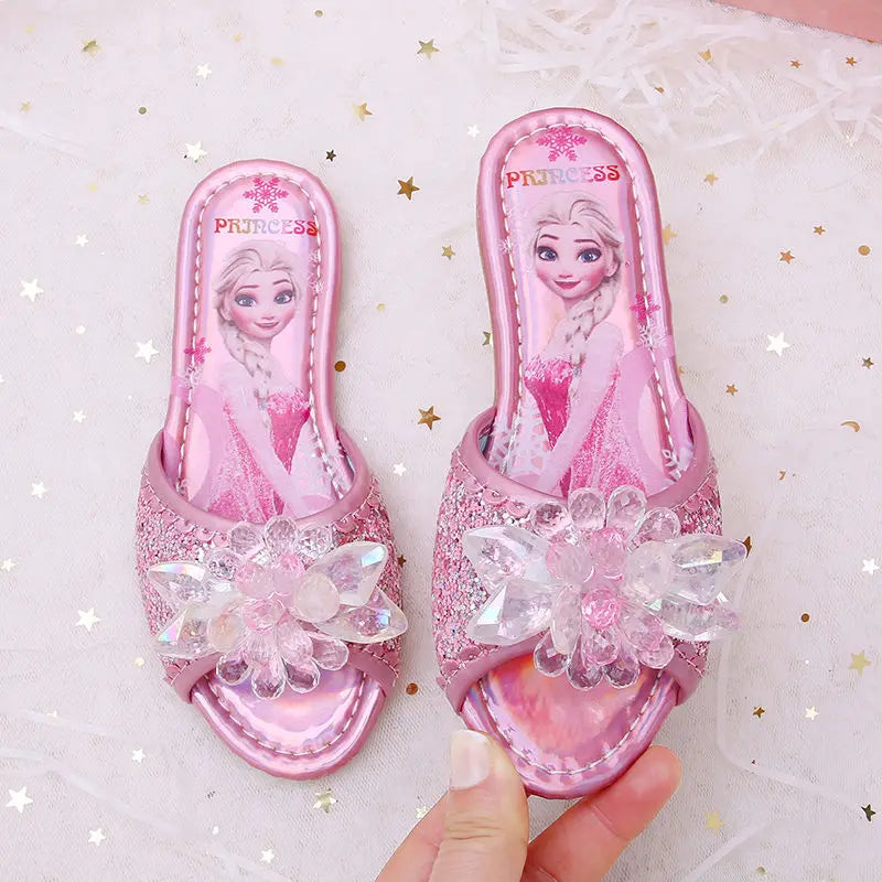Disney Children's Sandals Frozen Slippers Fashion Elsa Princess Shoes Crystal Flowers Non-slip Blue Pink Silver Girls' Sandals