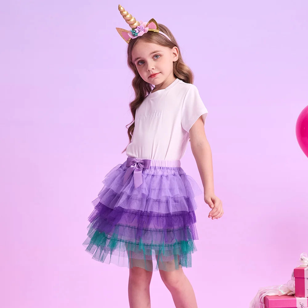 VIKITA Kids Mesh Tulle Layered Cake Tutu Skirt with Bow Knot Girls Mermaid Party Performance Casual Princess Mini Skirts 3-12Y