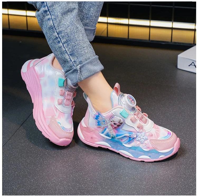 Disney LED Casual Sneakers Spring Girls Frozen Elsa Princess PU Leather Shoes Children Lighted Non-slip Pink Size 23-35