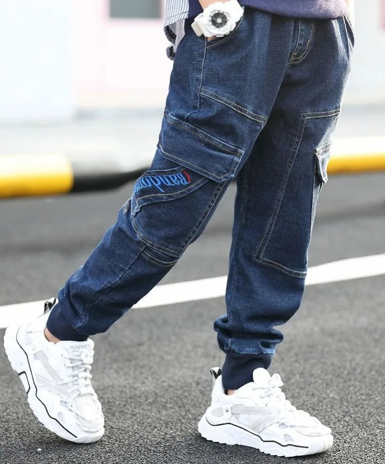 Autumn Winter Boys Fleece-Lined Cargo Pants/Korean Style Thickened Jeans for Toddler Boys