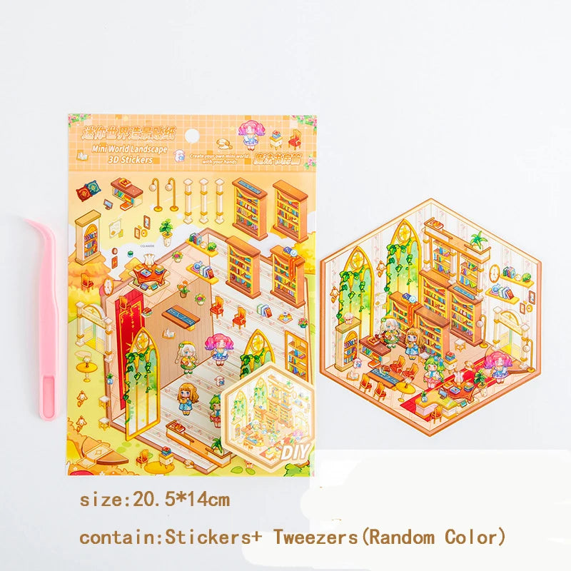 DIY 3D Sticker+Tweezers Cartoon Pocket Princess Room Scene Stacking and Pasting Festival Birthday Gift for Kid Child Student