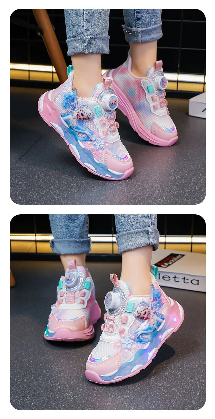 Disney LED Casual Sneakers Spring Girls Frozen Elsa Princess PU Leather Shoes Children Lighted Non-slip Pink Size 23-35