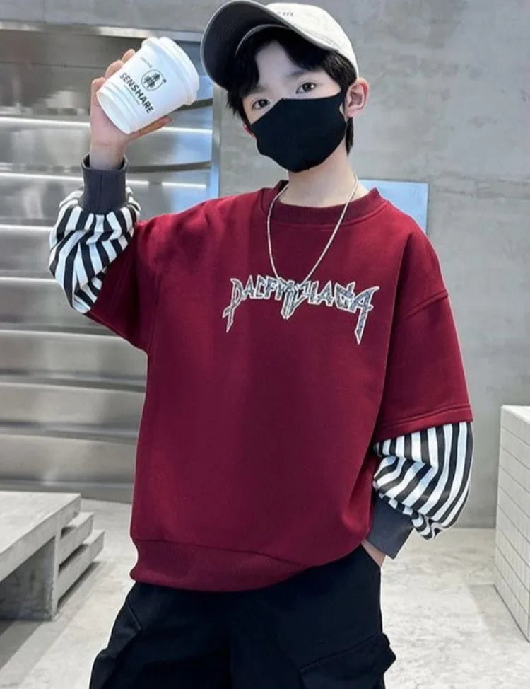 Boys' Medium-Large 2025 New Arrival No Hood Long Sleeve Fake Two-Piece Loose Fit Stylish Sweatshirt for Spring