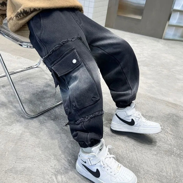 2025 Boys' Cargo Pants All-Season Washed Tie-Dye Denim Long Pants Trendy Casual Style
