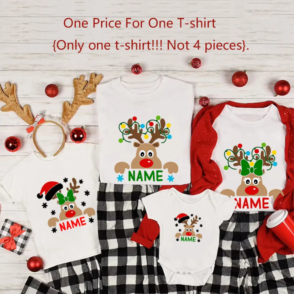 Matching Christmas Family Shirt Custom Name Reindeer Graphic Tees for Family Personalized Holiday Xmas Dad Mom and Me Shirts