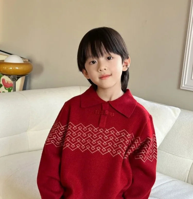 Boys' Red POLO Knit Sweater 2025 Autumn/Winter New Big Kids New Year Outfit Traditional Chinese Style Warmth Crossover Sweater
