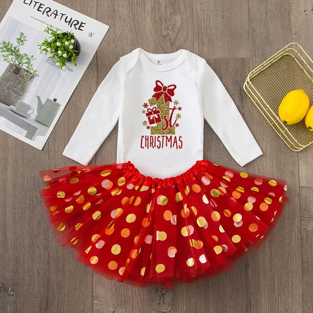 My 1St Christmas Baby Bodysuit Cake Dresses Set Infant Girls Long Sleeve Playsuit Tutu Skirts Clothes Toddler Xmas Party Outfits