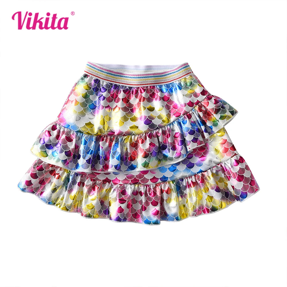 VIKITA Kids Mermaid Print Skirt Girls Beach Casual Party Skirts Kids Colorful Sequins Ruffles Skirt Fashion Princess Mini Skirts