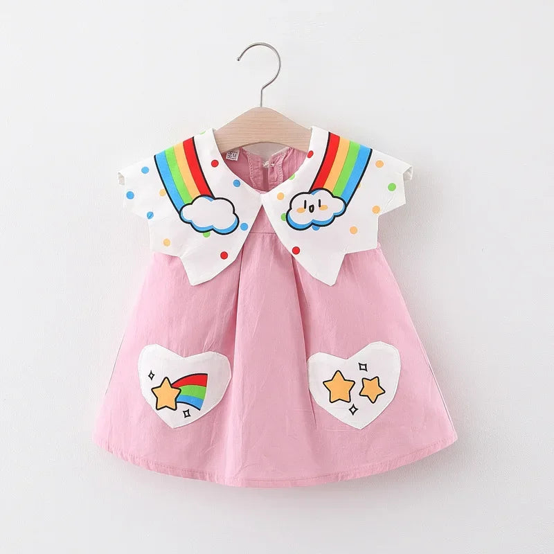 New Children's Clothing Summer Girls Rainbow Cloud Big Flip Collar Contrast Sleeveless Dress Korean Cartoon Dress
