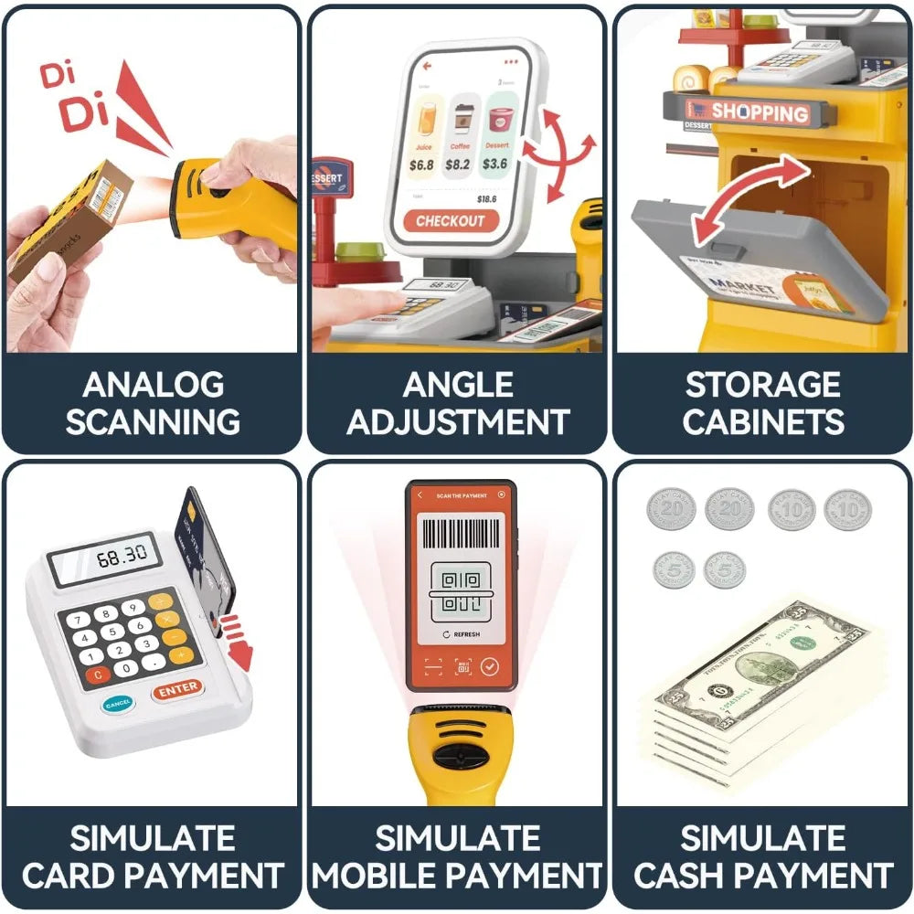 Cash Register Playset for Kids Pretend Play Shopping Money Calculator Scanner Credit Card Play Food for Boys Girls Birthday Gift
