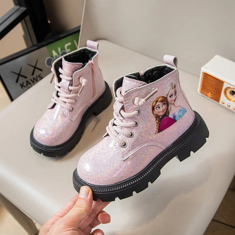 Kids'Casual Shoes Boots PU Leather Cartoon Elsa Spring Shoes For Girls Anti-slip Soft Bottom Black Pink Shoes Size 23-34