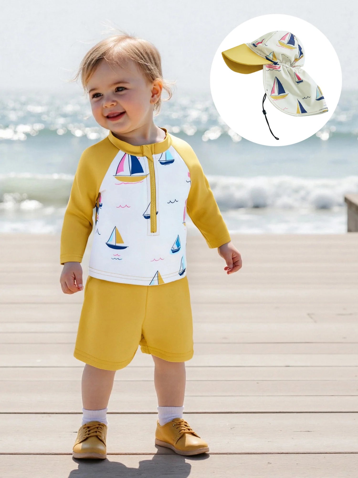 Boys Rash Guard Swimsuit Set with Shark Print Long Sleeve Zipper Tops Solid Shorts and Swim Hat 3 Pcs Outfits for Beach Fun