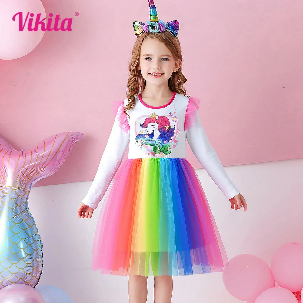 VIKITA Girls Licorne Heart Shape Flower Print Cartoon Dress Kids Rainbow Colorful Gradient Princess Party Tutu Long SleeveDress