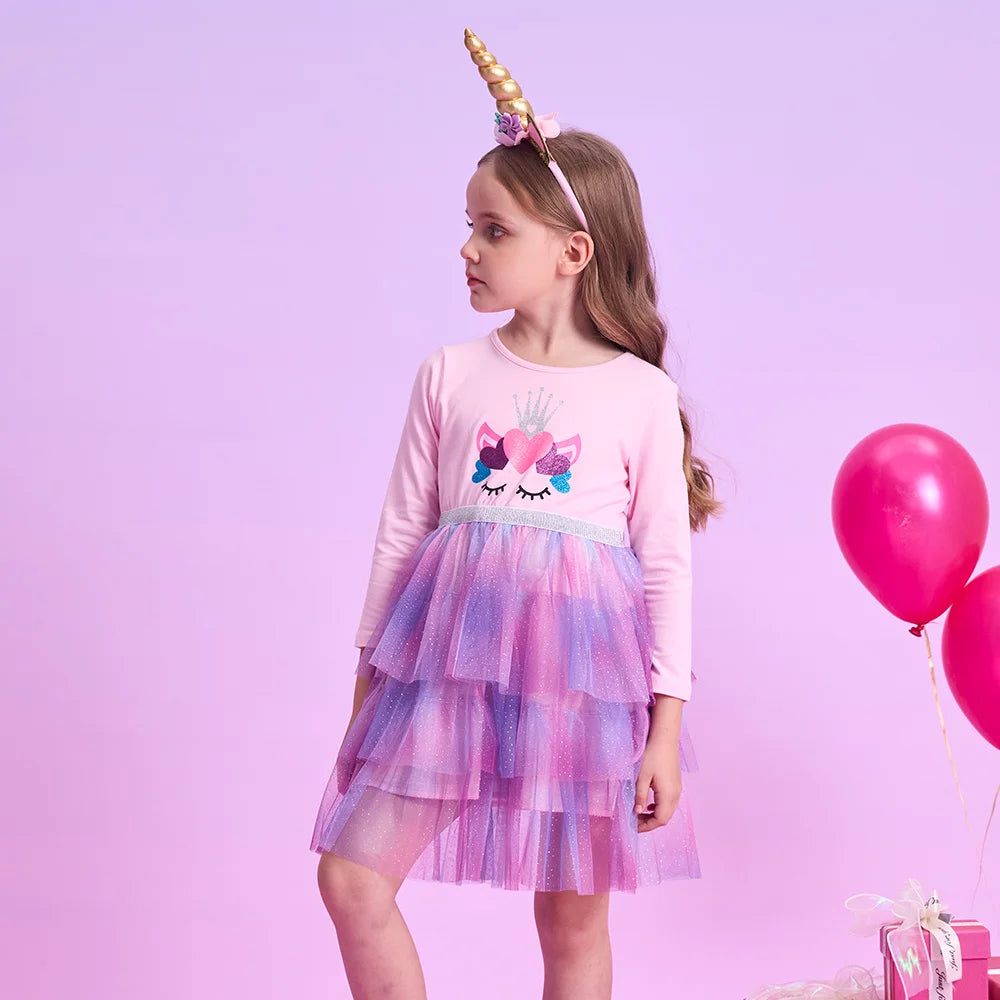 VIKITA Girls Unicorn Cartoon Print Dress Kids Long Sleeve Autumn Spring Pink Dress Girls O Neck Mesh Tulle Tutu Layered Vestidos