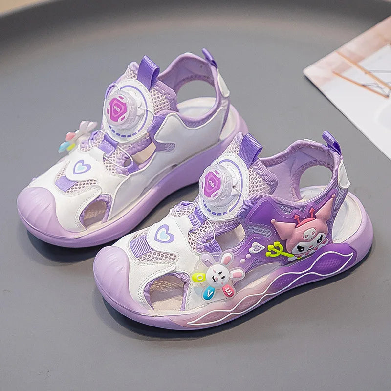 Sandals Girls Cartoon PU Leather Summer Fashion Outdoor Flat Bottom Breathable Anti-slip Pink Purple Size 26-37